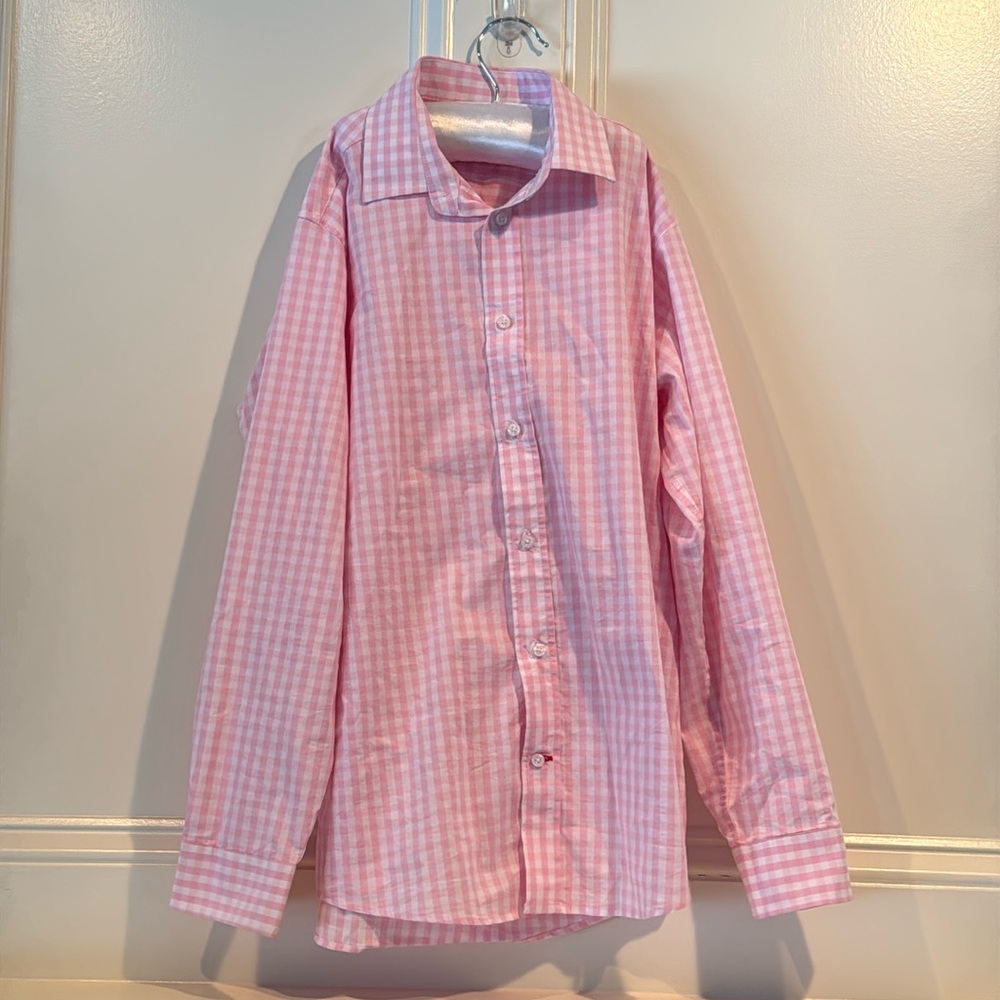 Pink white gingham check long sleeve button down boys size 16 shirt. TH FLEX.